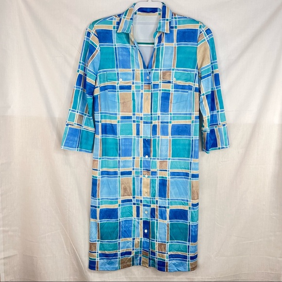 J. McLaughlin Sz S Brynn Tile Print Jersey Knit Collared V-Neck 3/4 Sleeve Dress - Picture 2 of 12